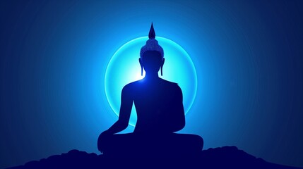 Silhouette of Buddha in lotus position against blue glow. Buddhist meditation icon. Concept of Zen practice, religious art, spiritual enlightenment, meditative practice