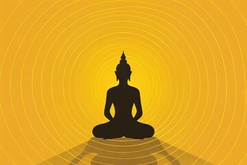 Silhouette of Buddha in lotus position against yellow glow. Buddhist meditation icon. Concept of Zen practice, religious art, spiritual enlightenment, meditative practice