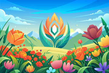 Fototapeta na wymiar Illustration of a colorful flower garden with a winding path leading to a large lotus-like flower with mountain scenery in the background.