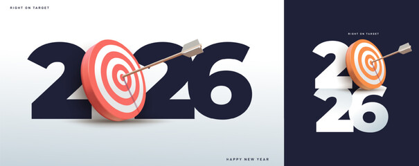 Happy New Year 2026 vector concept. Greeting card and round colored target with arrow. Template New goals for next year and achieving success. Set of 2026 square background. Vector design 2026.