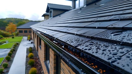 Household gutter system maintenance for building protection from rainwater damage. Concept Household Gutter Cleaning, Rainwater Drainage, Preventing Water Damage, Gutter Maintenance Tips