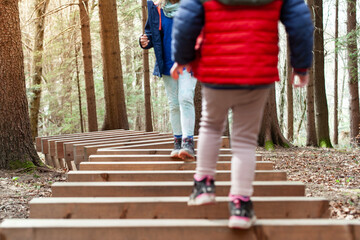 Walking on a log in the forest. Motor movement concept in nature. Balance exercise. Kind läuft auf...