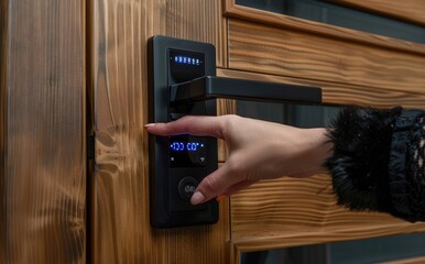 Closeup of a woman's finger entering password code on the smart digital touch screen keypad entry door lock in front of a hotel room or apartment, Modern security, Keyless, Smart device concept.