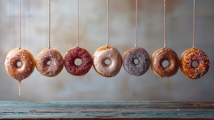   A line of doughnuts suspended from strings before a wooden table and behind them, a wall forms the backdrop