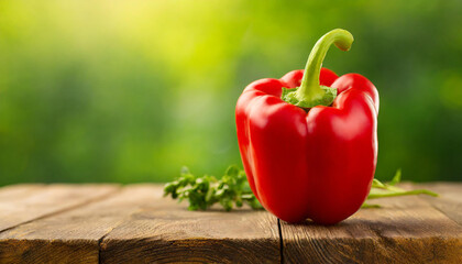 Fresh red bell pepper on wooden table. Natural and tasty vegetable. Organic garden food. - Powered by Adobe