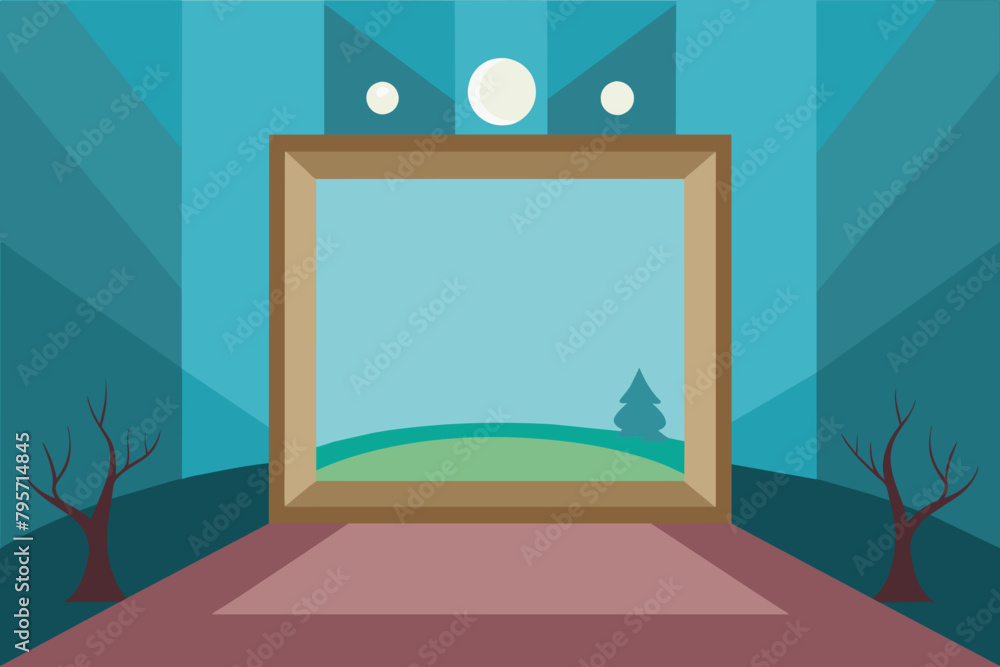 Poster illustration of a stage with an empty picture frame in the center, flanked by bare trees on either s