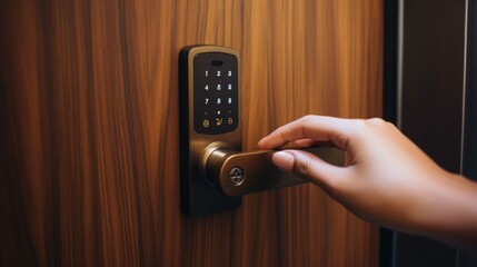 Closeup of a woman's finger entering password code on the smart digital touch screen keypad entry door lock in front of a hotel room or apartment, Modern security, Keyless, Smart device concept.