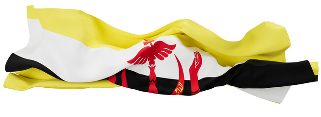 Elegantly Waving Flag of Brunei with Bold Yellow, White, and Black Stripes and Emblem