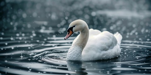 A White Swan Gracefully Gliding on a Lake in the Rain
