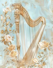 Romantic Mood Blue and Gold Color Harp Shabby Chic Paper, Letter size Watercolor Flower Pattern Background, Spring Floral Design Vintage Luxury Wallpaper Art, Dreamy Feeling Summer Decoration Image