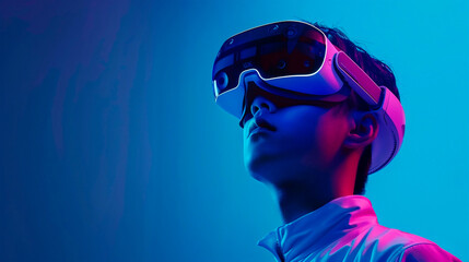 Young asian man looking in VR virtual reality goggles on the blue isolated background. Futuristic lifestyle. Theme of technology, AI, fantasy and playing people. Metaverse technology concept. 