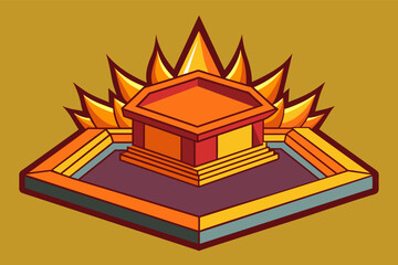 Colorful illustration of a small square building with a pointed roof on a hexagonal platform, surrounded by stylized flames on a yellow background.