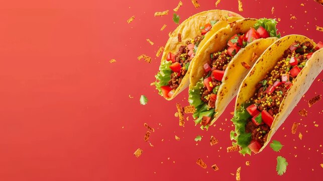 Delicious pieces of falling tacos on bright solid background, mexican food concept