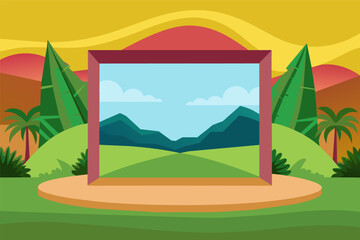 Illustration of a landscape with mountains, palm trees, and a colorful sunset in the background, framed by a large wooden frame in the foreground.