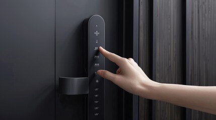 Closeup of a woman's finger entering password code on the smart digital touch screen keypad entry door lock in front of a hotel room or apartment, Modern security, Keyless, Smart device concept.
