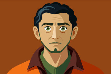 Illustration of a person with dark hair wearing an orange shirt and a brown jacket with a green collar against an orange background.