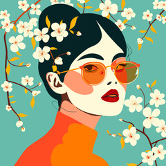 A woman with sunglasses on her face is surrounded by flowers. The image has a bright and cheerful mood, with the woman's sunglasses and the colorful flowers creating a sense of fun and happiness
