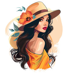 A woman with long hair and a yellow shirt is wearing a straw hat