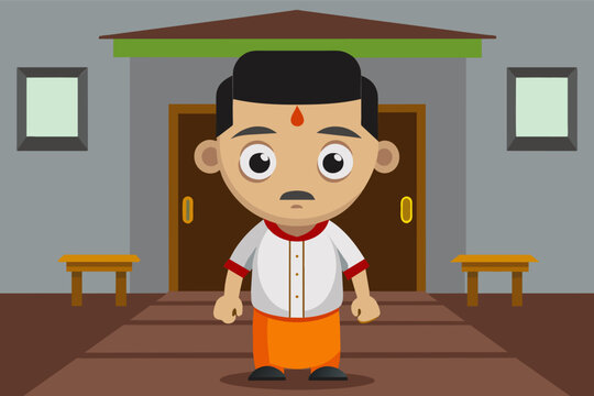 Cartoon illustration of a young boy dressed in traditional Indian attire, with a red bindi on his forehead, standing in front of a house with two benches on either side of the entrance door.