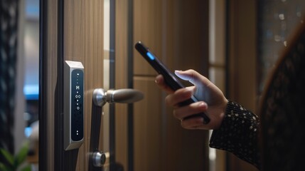Closeup of a woman's finger entering password code on the smart phone and digital touch screen keypad entry door lock in front of a hotel room or apartment, Modern security, Smart device concept.