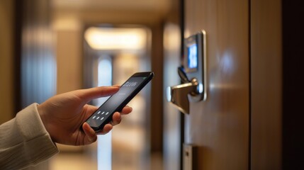 Closeup of a woman's finger entering password code on the smart phone and digital touch screen keypad entry door lock in front of a hotel room or apartment, Modern security, Smart device concept.