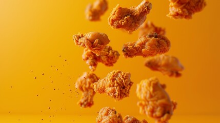 Delicious crispy chicken pieces falling on a bright solid color background, food and cooking concept