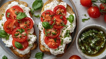   A plate holds two slices of bread, each topped with cheese and tomatoes Nearby, one bowl brims with pesto Another bowl also contains pesto - obrazy, fototapety, plakaty