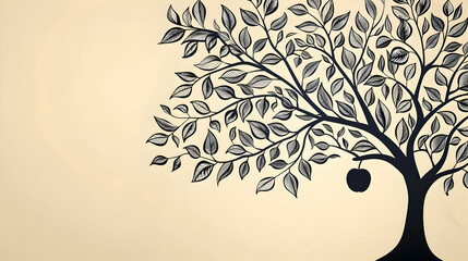 A simple line drawing of a minimalist pear tree with a single pear hanging