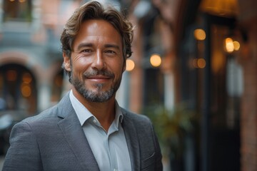 Fototapeta premium Well-dressed man sporting a friendly smile in a charming urban area