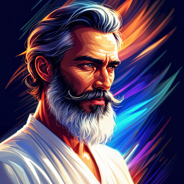 A man with a beard and mustache, wearing a white robe, set against a vibrant background of colorful streaks.