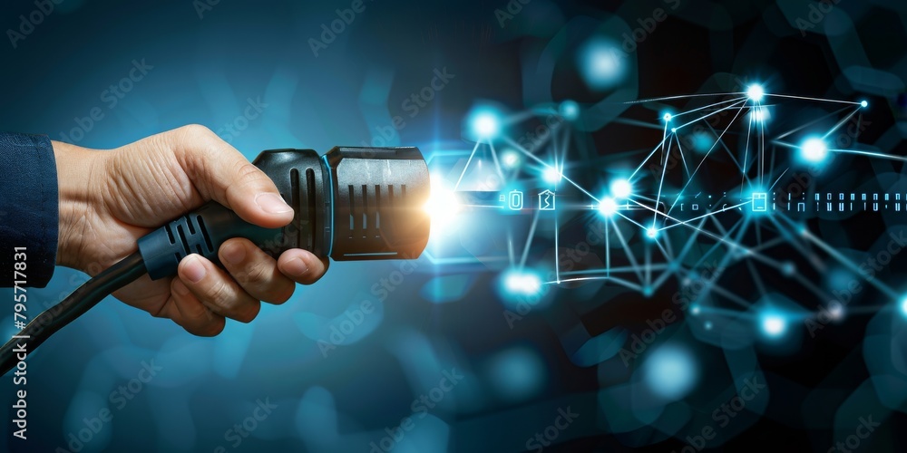 Poster Dynamic Connectivity Concept: A Hand Plugging in a Power Cord, Symbolizing the Connection and Transfer of Data Across a Sparkling, High-Tech Network, Generative AI