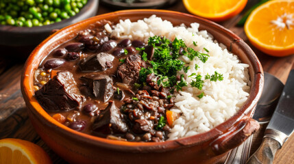 brazilian feijoada food with rice orange and meats