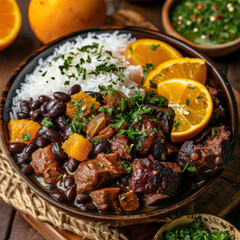 brazilian feijoada food with rice orange and meats