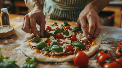Close-up photo of a Chef making a pizza