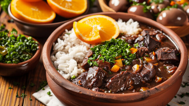 brazilian feijoada food with rice orange and meats