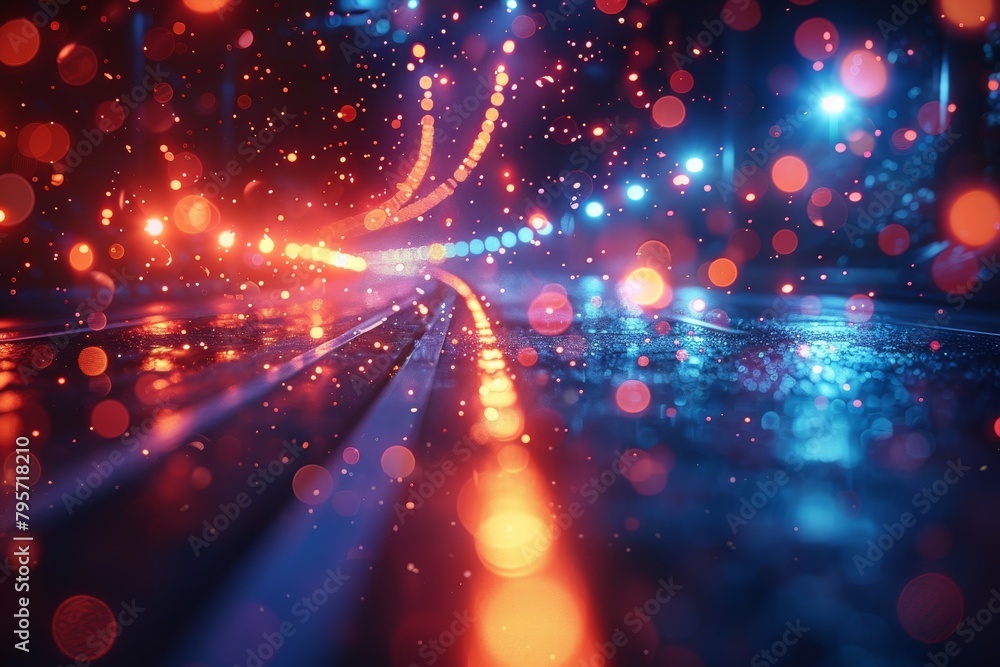 Poster vibrant abstract image with a multitude of out-of-focus lights creating a sense of fast movement and