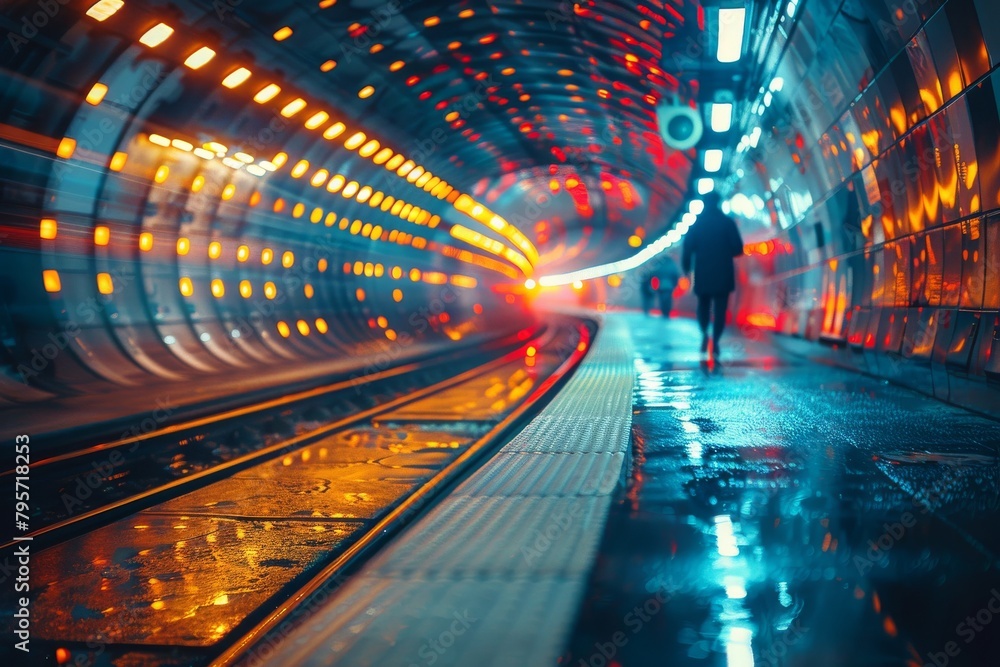 Poster a striking image capturing a person's walk through an illuminated tunnel, showcasing a vibrant play 