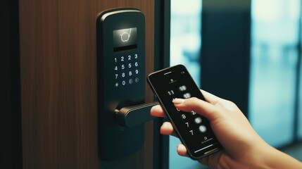 Closeup of a woman's finger entering password code on the smart phone and digital touch screen keypad entry door lock in front of a hotel room or apartment, Modern security, Smart device concept.