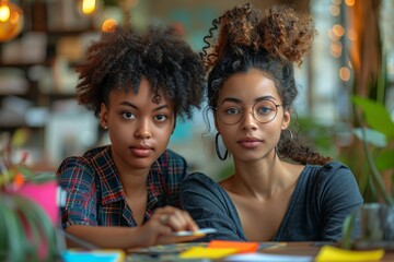 Two young friends are concentrating on a creative project with sticky notes and a progressive work atmosphere - obrazy, fototapety, plakaty