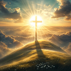 A cross standing on top of a hill, with the sun shining brightly behind it, creating a silhouette effect and casting rays of light across the sky.