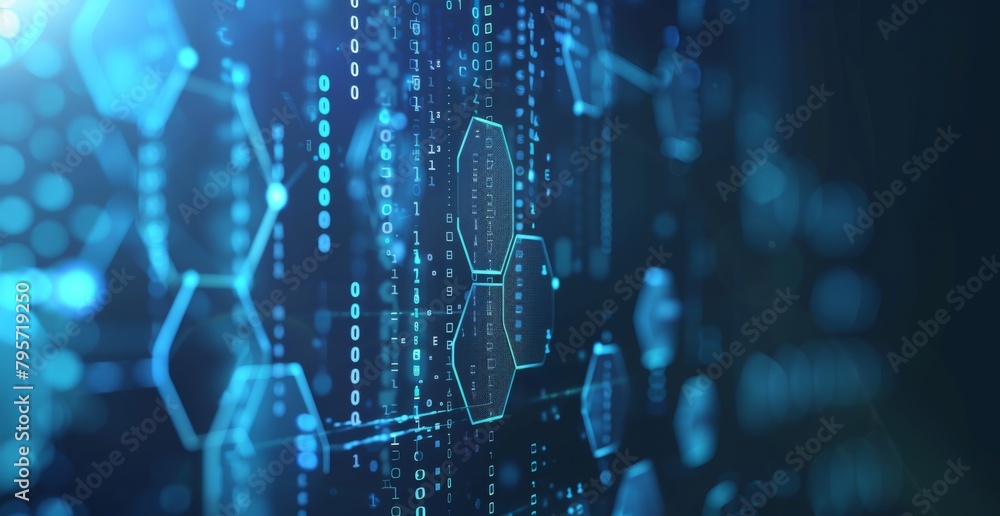 Poster abstract digital technology background with blue glowing hexagons and binary code, symbolizing the c