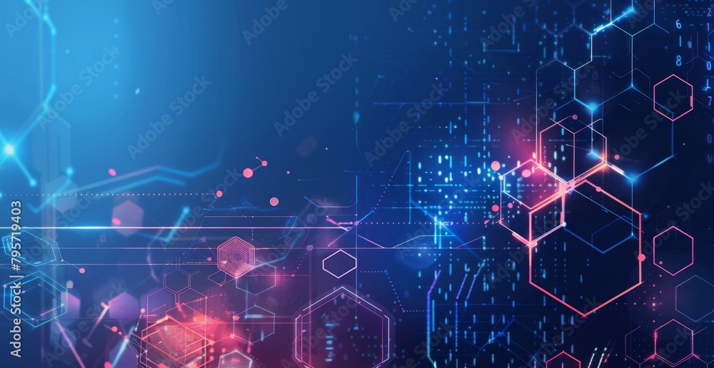Poster abstract blue background with digital technology and data elements, such as binary code or hexagons,