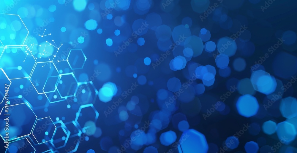Poster blue background with hexagons and data points, representing digital technology and global network co