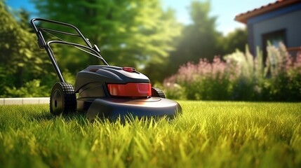 Lawn mower on green grass in a modern garden. Machine for cutting lawns.