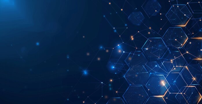 Abstract blue background with hexagons and data technology elements digital network connection on dark color abstract futuristic modern wallpaper design for banner or web site layout Generative AI