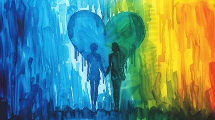 The couple is shown holding hands in front of a heart. The heart is painted in blue and green shades. A pair is formed using melted crayons of blue and green colors.
