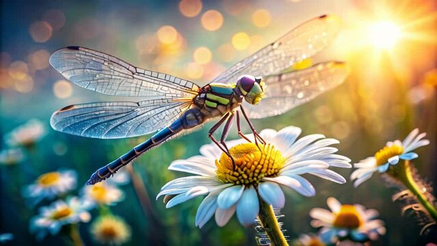 A dragonfly sits on a daisy