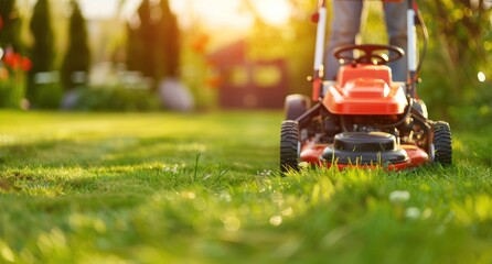 Fototapeta premium Lawn mower on green grass in a modern garden. Machine for cutting lawns.