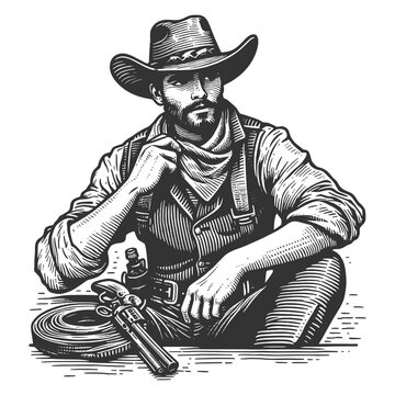 rugged cowboy sitting with a revolver, capturing the essence of the Wild West sketch engraving generative ai fictional character vector illustration. Scratch board imitation. Black and white image.