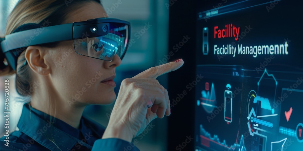 Aufkleber Cutting-Edge Facility Management: A Professional Woman Engages with a Futuristic Augmented Reality Interface, Managing Complex Systems and Data Efficiently, Generative AI